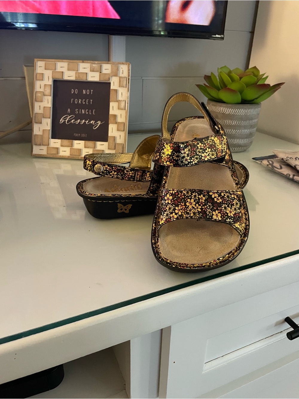 Alegria Black Floral Glitter Leather Sandals